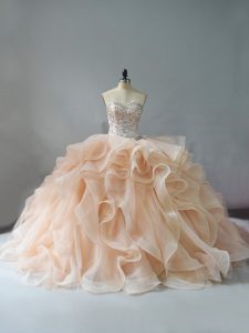 Superior Organza Sweetheart Sleeveless Brush Train Lace Up Beading and Ruffles Sweet 16 Quinceanera Dress in Champagne and Pink And White