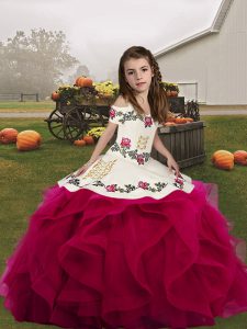 Gorgeous Fuchsia Lace Up Straps Embroidery and Ruffles Winning Pageant Gowns Organza Sleeveless