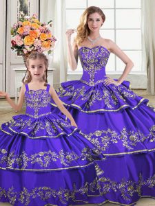 Purple Lace Up 15th Birthday Dress Embroidery and Ruffled Layers Sleeveless Floor Length