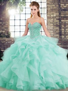 Exceptional Apple Green Sweetheart Lace Up Beading and Ruffles Vestidos de Quinceanera Brush Train Sleeveless