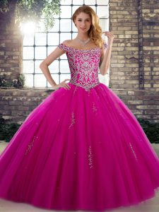 Floor Length Lace Up Quince Ball Gowns Fuchsia for Military Ball and Sweet 16 and Quinceanera with Beading