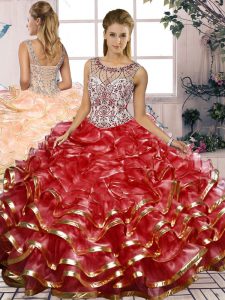 Red Lace Up Scoop Beading and Ruffles Vestidos de Quinceanera Organza Sleeveless