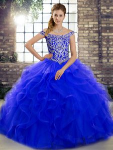 Super Off The Shoulder Sleeveless Tulle Quinceanera Dress Beading and Ruffles Brush Train Lace Up