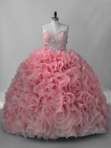 Pink Ball Gowns Beading Quince Ball Gowns Lace Up Fabric With Rolling Flowers Sleeveless