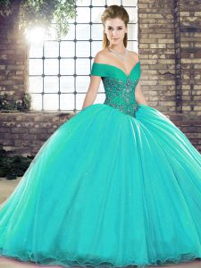 Off The Shoulder Sleeveless Brush Train Lace Up Quince Ball Gowns Turquoise Organza