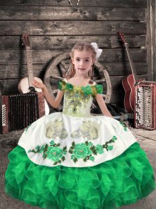 Super Sleeveless Organza Floor Length Lace Up Little Girls Pageant Gowns in Green with Beading and Embroidery and Ruffles