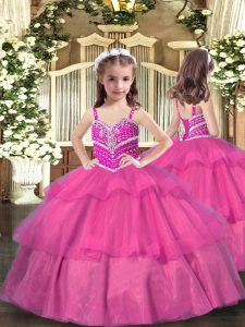 Lilac Pageant Gowns For Girls Party and Wedding Party with Beading and Ruffled Layers Straps Sleeveless Lace Up