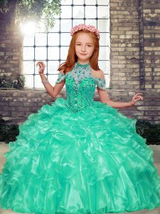 Excellent Organza High-neck Sleeveless Lace Up Beading and Ruffles Child Pageant Dress in Apple Green