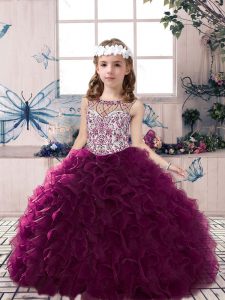 Adorable Scoop Sleeveless Lace Up Kids Pageant Dress Dark Purple Organza