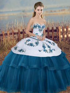 Blue And White Sweetheart Neckline Embroidery and Bowknot Sweet 16 Quinceanera Dress Sleeveless Lace Up