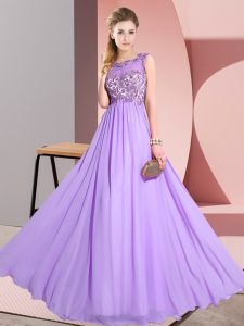 Lavender Empire Scoop Sleeveless Chiffon Floor Length Backless Beading and Appliques Quinceanera Court Dresses