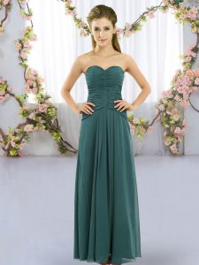 Fashion Peacock Green Chiffon Lace Up Quinceanera Court of Honor Dress Sleeveless Floor Length Ruching