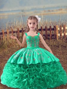 Fabric With Rolling Flowers Straps Sleeveless Sweep Train Lace Up Embroidery Little Girl Pageant Dress in Turquoise