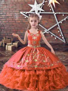 Orange Red Satin and Organza Lace Up Straps Sleeveless Floor Length Little Girl Pageant Dress Embroidery and Ruffled Layers