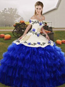 Admirable Floor Length Royal Blue Quinceanera Gown Organza Sleeveless Embroidery and Ruffled Layers