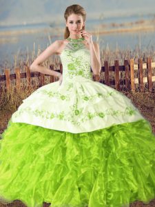Stunning Organza Lace Up Halter Top Sleeveless Floor Length Quinceanera Gowns Court Train Embroidery and Ruffles