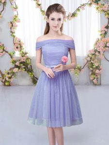 Empire Vestidos de Damas Lavender Off The Shoulder Tulle Short Sleeves Knee Length Lace Up