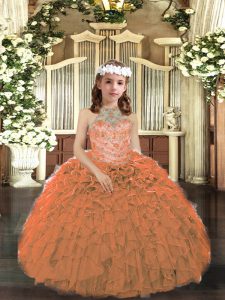 Sleeveless Tulle Floor Length Lace Up Little Girls Pageant Dress Wholesale in Orange with Beading and Ruffles