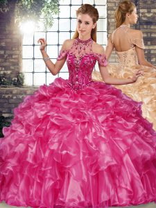 Fuchsia Organza Lace Up Quinceanera Gown Sleeveless Floor Length Beading and Ruffles