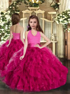 Fancy Fuchsia Lace Up Child Pageant Dress Ruffles Sleeveless Floor Length