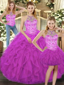 Fuchsia Tulle Lace Up Halter Top Sleeveless Floor Length 15th Birthday Dress Beading and Ruffles