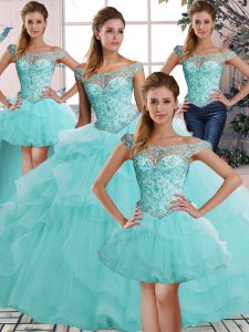 Trendy Ball Gowns Quinceanera Dress Aqua Blue Off The Shoulder Tulle Sleeveless Floor Length Lace Up