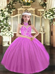 Ball Gowns Pageant Dress Womens Lilac Halter Top Tulle Sleeveless Floor Length Lace Up