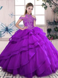 Superior Purple Lace Up Quince Ball Gowns Beading and Ruffles Sleeveless Floor Length