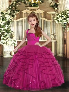 Nice Floor Length Fuchsia Winning Pageant Gowns Tulle Sleeveless Ruffles