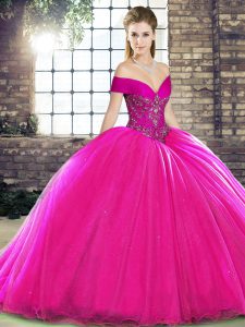 Sleeveless Beading Lace Up Quinceanera Gowns with Fuchsia Brush Train