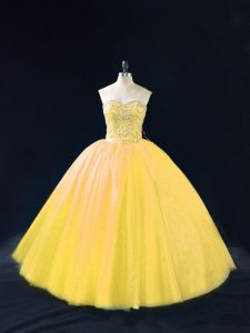 Best Sleeveless Tulle Floor Length Lace Up Quinceanera Dress in Gold with Beading