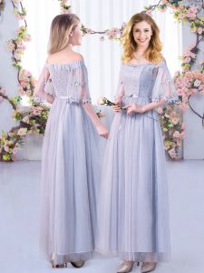 Vintage Grey Side Zipper Quinceanera Court of Honor Dress Lace and Belt Half Sleeves Floor Length