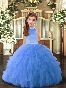 Beading High School Pageant Dress Blue Backless Sleeveless Floor Length