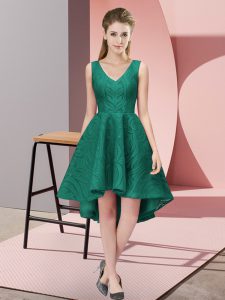 Peacock Green Quinceanera Court Dresses Wedding Party with Lace V-neck Sleeveless Zipper