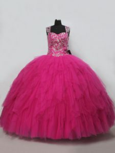 Fitting Lace Up Vestidos de Quinceanera Hot Pink for Sweet 16 and Quinceanera with Beading and Ruffles