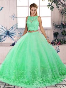 Turquoise Sweet 16 Quinceanera Dress Tulle Sweep Train Sleeveless Lace