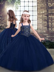 Floor Length Navy Blue Little Girls Pageant Gowns Straps Sleeveless Lace Up