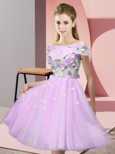 Lilac Lace Up Quinceanera Court Dresses Appliques Short Sleeves Knee Length