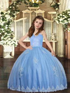 Best Baby Blue Sleeveless Tulle Lace Up Pageant Dress for Teens for Party and Wedding Party