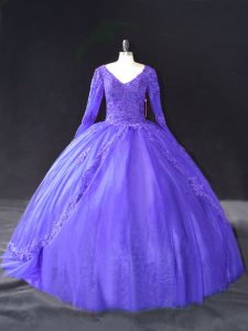 Attractive Purple Ball Gowns Tulle V-neck Long Sleeves Lace and Appliques Floor Length Lace Up Quinceanera Gown