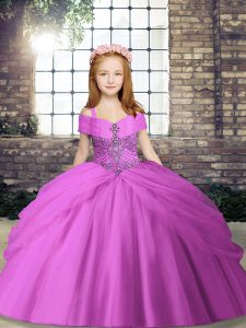 Floor Length Lace Up Little Girls Pageant Dress Lilac for Party and Sweet 16 and Wedding Party with Beading
