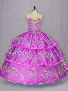 Lilac Satin and Organza Lace Up Sweetheart Sleeveless Floor Length Sweet 16 Quinceanera Dress Embroidery and Ruffled Layers