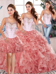 Dazzling Beading and Ruffles Quince Ball Gowns Watermelon Red Clasp Handle Sleeveless Floor Length