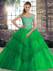 Off The Shoulder Sleeveless Quinceanera Gown Brush Train Beading and Lace Green Tulle