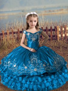 Pretty Floor Length Lace Up Kids Pageant Dress Blue for Wedding Party with Embroidery and Ruffled Layers
