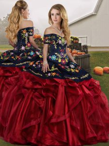 Red And Black Ball Gowns Off The Shoulder Sleeveless Organza Floor Length Lace Up Embroidery and Ruffles 15 Quinceanera Dress