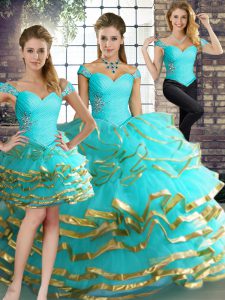 Customized Aqua Blue Ball Gown Prom Dress Military Ball and Sweet 16 and Quinceanera with Beading and Ruffled Layers Off The Shoulder Sleeveless Lace Up
