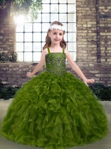 Floor Length Lace Up Little Girl Pageant Dress Olive Green for Party and Military Ball and Wedding Party with Beading and Ruffles