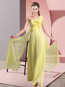 Enchanting Yellow Empire Hand Made Flower Quinceanera Dama Dress Lace Up Chiffon Sleeveless Floor Length