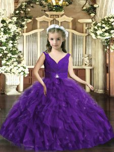 Purple Backless Little Girl Pageant Gowns Beading and Ruffles Sleeveless Floor Length